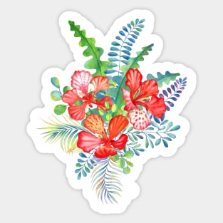 Tropical red Delonix flowers and palm leaves bouquet Sticker